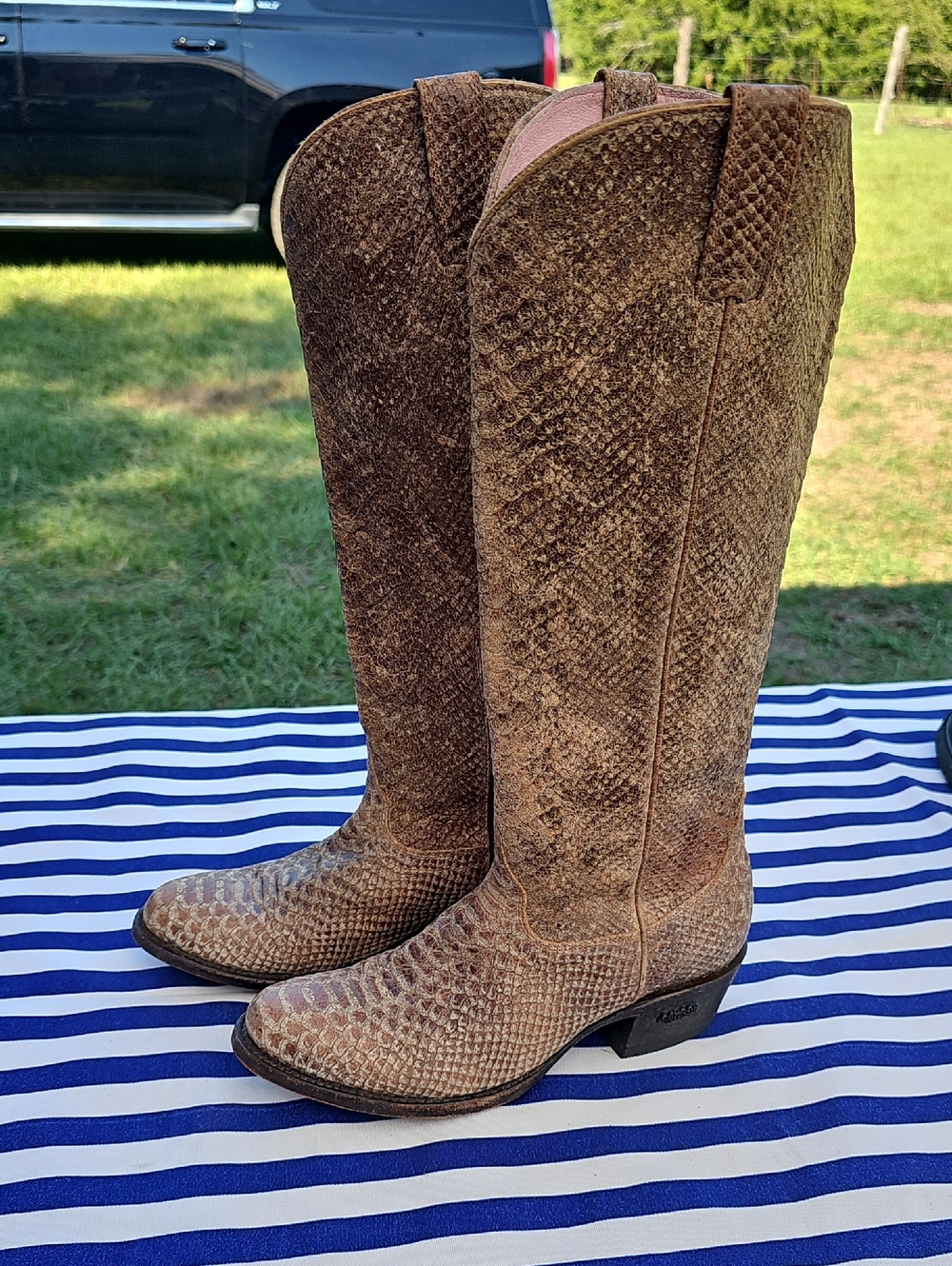 Brown Textured Over-the-Knee Western Boots